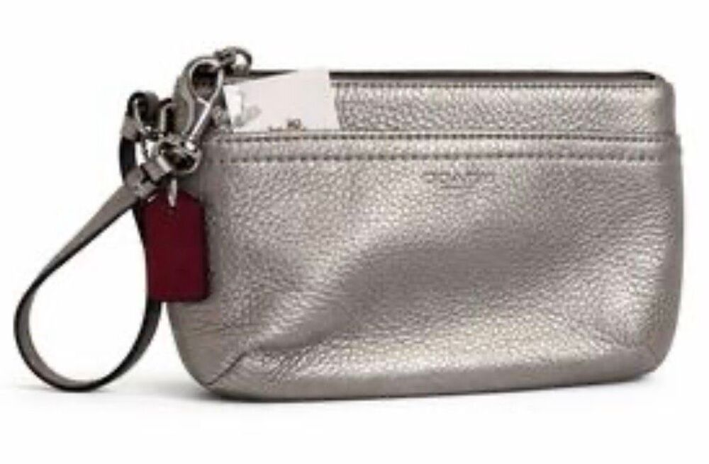 Coach Metallic Pewter Leather Wristlet with Red Tag GUC